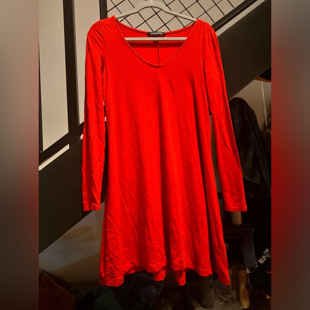 Express Red Knit V-Neck Long Sleeve Swing Dress